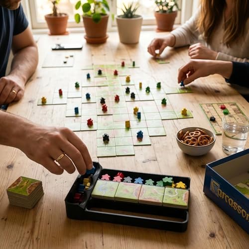 Board Game Insert Organizer Compatible with Carcassonne, Premium Tabletop Storage Solution for Base Game and Multiple Expansions, Wooden/Polymer Tile and Meeple Holder (Game NOT Included)