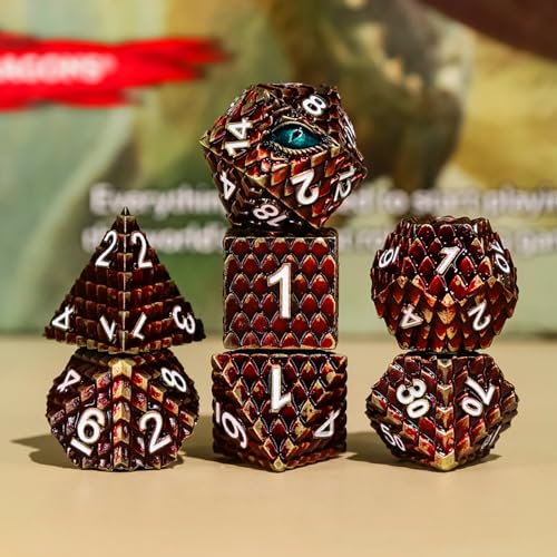 Metal Dice Set D&D,7 PCS Dragon Scale Metallic DND Dice Set,Dragon Eye Metal Dice with Grogeous Gift Case for Dungeons and Dragon Tabletop Game (Reddish Brown Dragon Scale & Cyan Eye) - color: Reddish Brown Dragon Scale & Cyan Eye