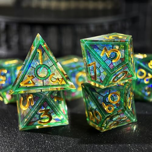 HAOMEJA Double Layered Resin Dice Set 7pcs/ Stained Glass Effect & Gold Numbers/Sharp Edged Polyhedral Dice/Apply to D&D/DND/Role Playing Game/RPG/Party Gift (Green Sky) - color: 1 Green Sky