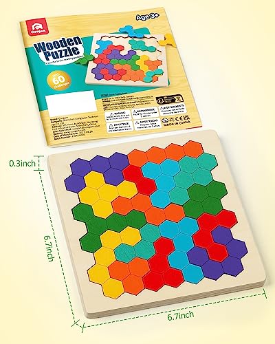 Coogam Wooden Tangram Puzzle, Color Shape Pattern Jigsaw Brain Teasers 3D Logic IQ Game Geometric Blocks Montessori STEM Educational Toys Gift for All Age