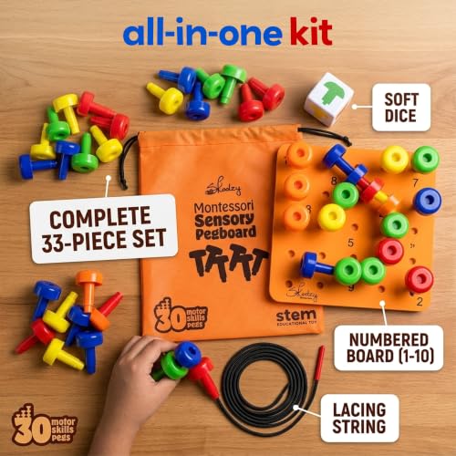 Peg Board Set - Montessori Toys for 2 Year Old - 33 Pc Peg Board for Kids - Occupational Therapy Toys with Pegs, Dice, Lacing String & Storage Bag - Montessori Toys for 2+ Year Old | Occupational Therapy Toys with Pegs, Dice, Lacing String & Storage Bag -