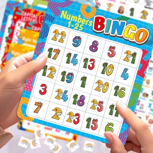 Fancy Land ABC & 123 Bingo Game for Kids 4 in 1 Educational Bingo Cards Set | Sight Words Animals Alphabet Numbers Board Game for Kindergarten Preschool Ages 4-8 Counting and Matching Skills Development