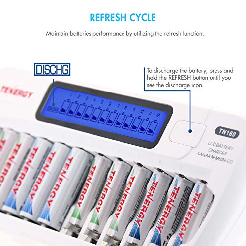 Tenergy TN160 12-Bay LCD NiMH/NiCD AAA/AA Battery Charger + 12x AA NiMH Rechargeable Batteries, Double A Batteries for Everyday Electronics - size: Charger + 12 Pack NiMH AA