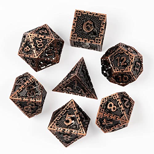 UDIXI Metal Dice Set Polyhedral DND Dice Set for Role Playing Game (Copper) | 7-Pieces, Dragon Carved, Chain-edge Design, Metal Gift Box, DM Gift, for Dungeons and Dragons Games Tabletop Games - color: Chain Frame-antique Copper
