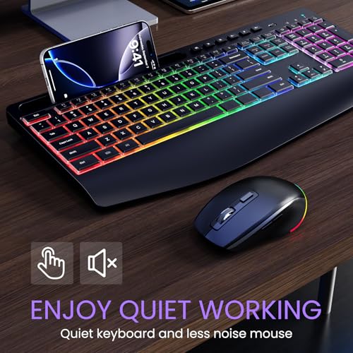 Wireless Keyboard and Mouse Combo- VEILZOR 2.4G Rechargeable Keyboard with Phone Holder, Ergonomic Wrist Rest, 9 RGB Backlit Effects, Silent Keyboard Mouse Set for Windows, Laptop, PC - color: Black