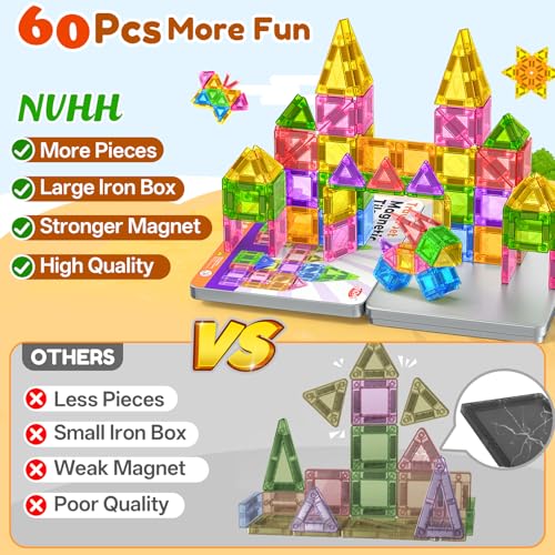 60PCS Mini Magnetic Tiles for Kids Ages 3-5 4-8 with Iron Box Travel Magnet Building Kids Toys for 3 4 5 6 7 8 Year Old Boys Girls Toddler Creativity Construction Sensory Valentines Birthday Gifts