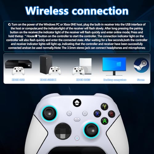 YUYIU Upgrade 2.4GHz Controller with 7 Colors RGB Light for Xbox Controller, Xbox One Series X|S,Consoles,Steam PC Windows, with 1000mAh Battery/Dual Vib-Ration/Turbo/Programmable, 3.5mm Audio Jack - color: Pearl White