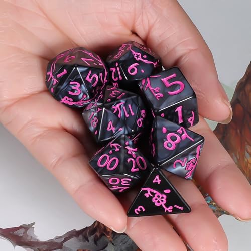 CiaraQ 7pcs Polyhedral Dice Set for Dungeon and Dragons MTG Table Games | Acrylic Role Playing Dice for D&D with Black Velvet Bag β Black Pearl with Pink Numbers & Plum Blossom Patterns - color: Black and Pink Floral Dice