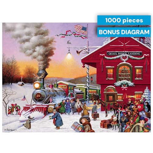 Buffalo Games - Charles Wysocki Whistle Stop - 1000 Piece Puzzle for Adults | Art by Charles Wysocki, Frameable Art, Made in USA, Recycled Board, Includes Poster, Challenging, intermediate to expert - color: Whistle Stop Xmas