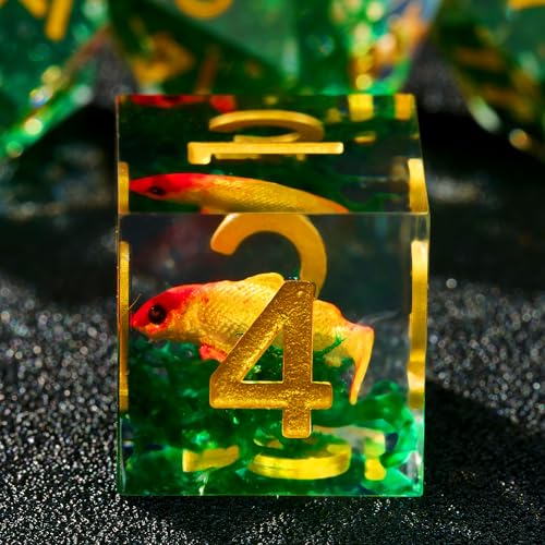 Moss and Koi Fish DND Dice Set - 7Pcs Sharp Edge Resin Polyhedral Game Dice for D&D RPG - Includes D20, D12, D10, D8, D6, D4 - Moss Agate Fish Design(Gold) - color: Gold