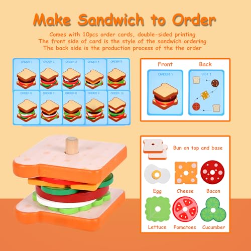 Pajojoqa Wooden Sandwich Stacking Toys, Montessori Toys for Toddlers Kitchen Play Food Educational Preschool Learning Toys Christmas Birthday Gift Kids Toys for Boys Girls 3 4 5 Years Old (Sandwich) - color: Sandwich