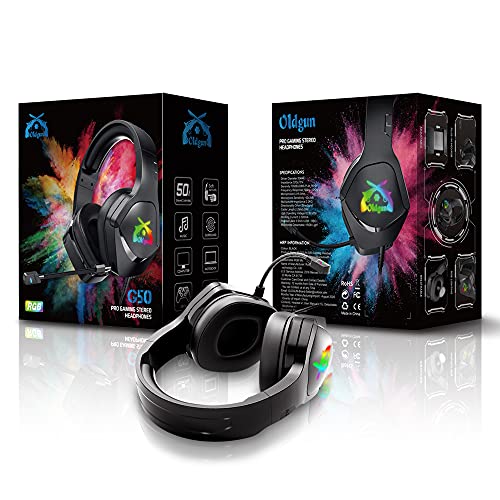 OLDGUN-M50 Gaming Headset Microphone That Will Never be Damaged Stereo Headset for PC/PS4/PS5 Controller, Over Ear Headphones with RGB Light Noice Cancelling Microphone and Soft Earmuffs