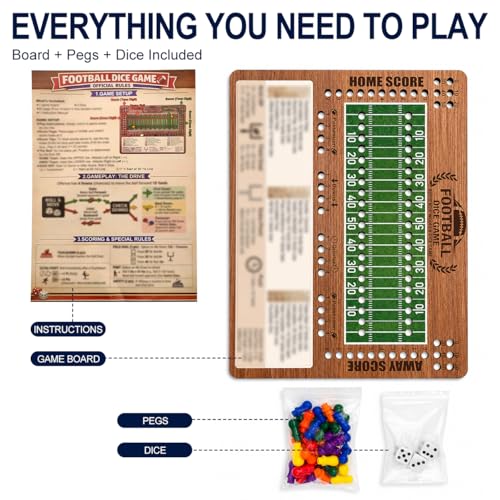 Football Dice Challenge, Premium Wooden Board Game with Scoring Tray, Competitive Sports Themed Dice Game with 20 Pawns and 3 Dice, Portable Travel Set for 2-5 Players