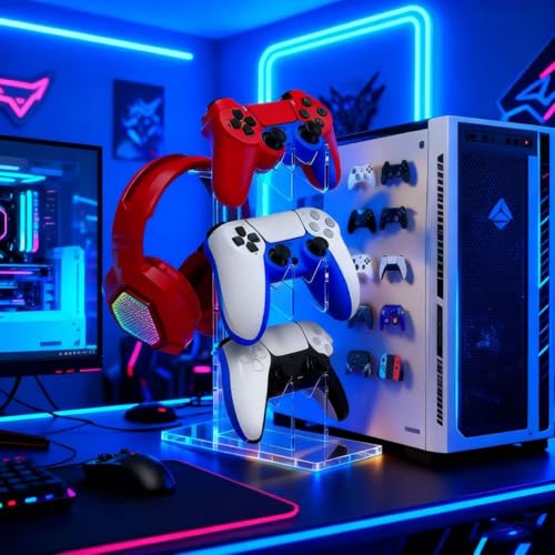 Controller Stand 3 Tiers, Universal Controller Holder Headphone Stand, Headset Holder, Acrylic Controller Display Stand Compatible with Xbox, PS5, PS4, Nintendo Switch - Ideal Desk Mount for Gamers - size: 3 Tiers