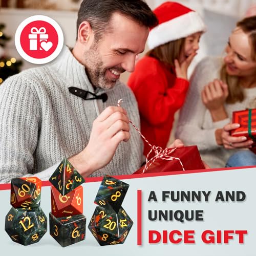 Natural African Bloodstone Dice Set, 7-Piece Hand-Carved Gemstone Polyhedral Dice for Dungeons & Dragons (D&D), Pathfinder, MTG, Tabletop RPG Gaming, Heavy Stone Dice with Gold Numbers (Bloodstone) - color: Bloodstone