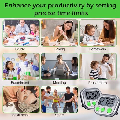 Leumoi 24 Pack Multi-Function Digital Timers with Magnetic Back, Large LCD Display, Loud Alarm, Count up & Countdown, Memory Function for Cooking, Classroom, Study, Exercise & Work(Sliver and Green) - color: Sliver and Green