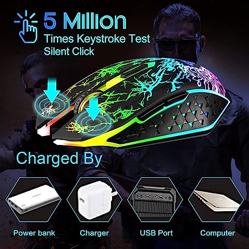 VEGCOO Wireless Gaming Mouse, Rechargeable Gaming Mouse, Silent Optical Mice with 2.4G USB Receiver, 3 Level DPI, 6 Buttons, 7 Colors LED Lights for PC/Mac Gamer, Laptop and Desktop - color: black