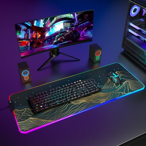 ITNRSIIET RGB Gaming Mouse Pad, Full Desk XL Extended Large Gaming Mousepad, 12 Lighting Modes 30% Thicker Big LED Desk Mat for Gamers, 32 x 12 inches, Starry Sky Mountain Moon - color: Starry Sky Mountain Moon