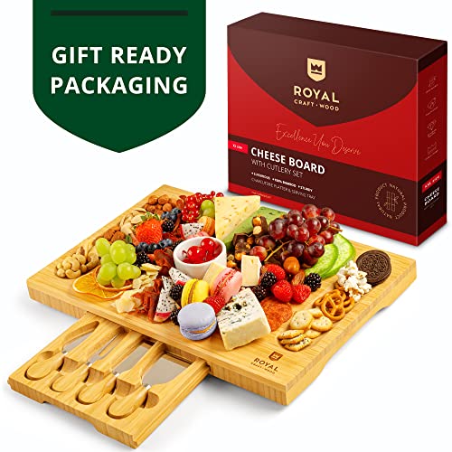 ROYAL CRAFT WOOD Premium Bamboo Charcuterie Board Set - Cheese Platter & Serving Tray & Serving Utensils - Perfect Housewarming Gift, Wedding, Bridal Shower Gift - Ideal for Entertaining and New Home - style: 1-3 Guests