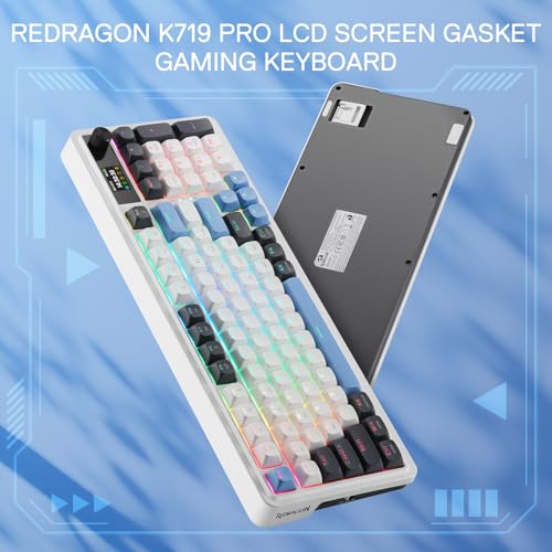 Redragon K719 Wireless Gasket Gaming Keyboard w/Hype Screen & Knob, 95 Keys Mechanical Keyboard, Easy-Control 1.14’’ TFT Info Display, 5-Layer Noise Dampener, Round PBT Keycaps, Mint Mambo Switch - color: Glacier Azure