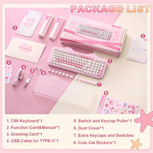 YUNZII C98 Wireless Mechanical Keyboard with Number Pad,99 Key BT5.0/2.4G/USB-C Hot Swap Gasket Mount with PBT MOA Keycaps,Custom RGB,Cute Cake Keyboard for Win/Mac (Pink, Milk V2 Linear Switch) - color: Pink, size: Milk V2 Linear Switch
