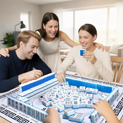 Blue Mahjong Mat for Table 31.5" x 31.5", Neoprene American Mahjong Table Mat with Rules Print, Non Slip Waterproof Mahjong Mat with Carry Bag for Mahjong, Poker & Board Games