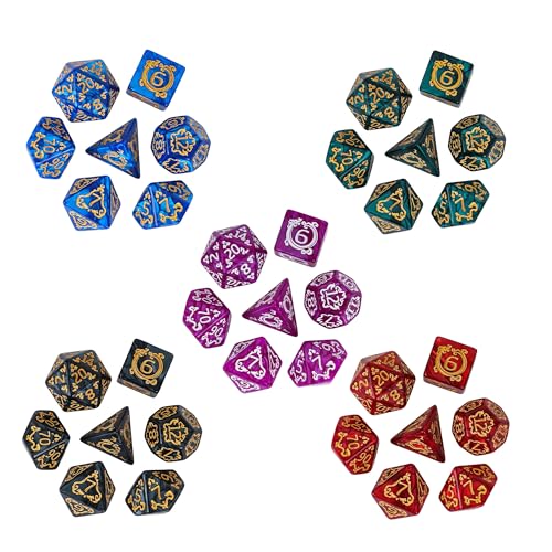 5 Sets/35PCS DND Dice Set Dragon Pattern Polyhedral Die with Leather Bag D&D Dice Set for RPG Table Games - color: 5 Sets Dragon Pattern
