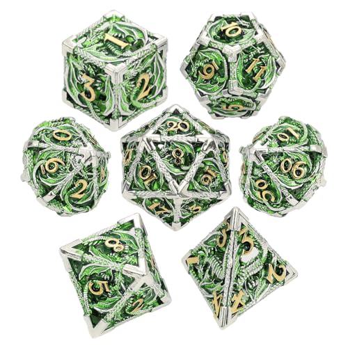 MoKo Dragon Hollow Metal DND Dice Set, Green+Gold | 7 Pcs Polyhedral, D20 D12 D10 D8 D6 D4, For Dungeons and Dragons RPG Games, With Gift Box - color: 4 - Green+gold
