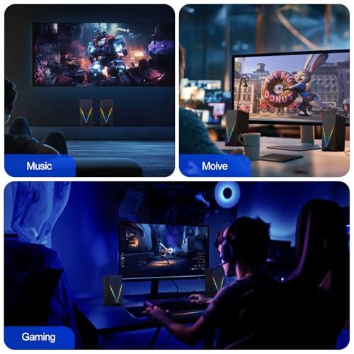 Computer Speakers, Desktop PC Speakers with 6 Colorful RGB Lights, Headphone Jack, Enhanced Bass and Volume Control, USB Powered & 3.5mm Aux Gaming Speakers for Laptop Monitor PC Tablet Phone