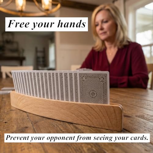 Tebery 4 Pack Wooden Playing Card Holder, Stable Game Card Trays Rack for Elderly, Hand Free Playing Cards Display Organizer for Family Game Night, 13 Inch