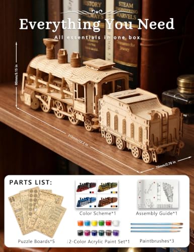 BOOZUU 3D Wooden Steam Train Puzzle for Adults, Build and Paint Wooden Train Model Kit, 282 Pcs DIY Train Craft for Teen Age 14+
