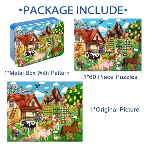 LELEMON Puzzles for Kids Ages 4-6,60 Piece Puzzles for Kids in a Metal Box | Farm Educational Jigsaw Puzzles Kids Puzzles,Childrens Puzzle Games Puzzle Toys for Girls and Boys - color: Farm