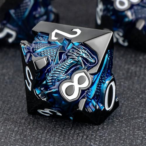Roycevon Relief Dragon DND Dice Set for Role Playing Game, 7Pcs Metal D&D Dice Set Dungeons Dragons with Gift Box, Polyhedral D and D Dice D20 D12 D10 D8 D6 D4, Blue and White - color: Blue and White