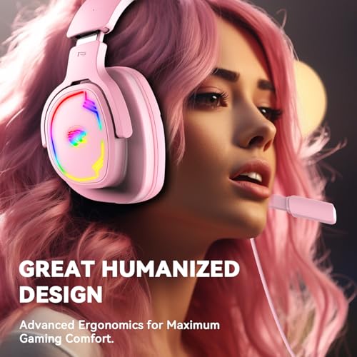 Jimonyer Gaming Headset with Microphone, 7.1 Surround Sound and Noise Canceling Over Ear Headphones for PC/PS5/PS4/Xbox Series/Switch, RGB Light and Soft Memory Earmuffs (Pink) - color: Pink