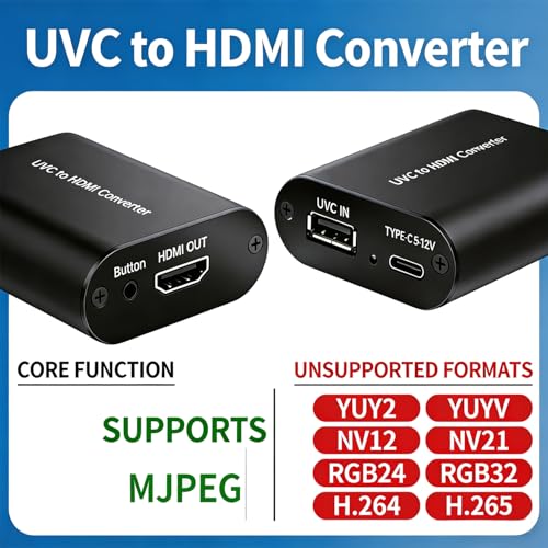 UVC to HDMI Converter 1080P 60Hz, Supports Camera Charging, USB Cameras Webcam Video Switcher to HDMI Video Output, for Live Streaming to TV, Monitor and HDMI Capture Card