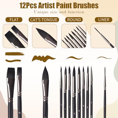 Watercolor Paint Brush Set,12Pcs Professional Paint Brushes for Acrylic Painting,Soft Synthetic Fine Hair Oil Paint Brushes,Flat,Round, Cat's Tongue,Liner for Detail Painting and Art Painting