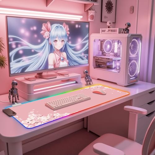 Japanese Sakura RGB Mouse Pad for Gaming I Large Mousepad with 14 Led Modes I Keyboard Pad Gaming Desk Mat I Non-Slip Rubber Base Mouse Mat I 900x400x4mm Waterproof Mousepad I Pink Cherry Blossom - color: Pink Cherry Blossom