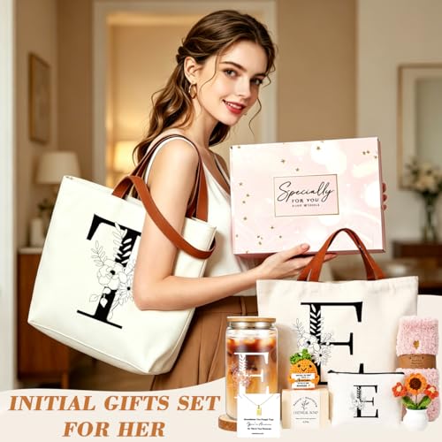 DHQH Birthday Gifts for Women, Monogrammed Gifts Box Included 16 oz Initial Glass Drinking Cup,Canvas Tote Bag, Personalized Iced Coffee Tumbler Gift for Women Her Mom Teacher Friends Sister, T - color: letter-cup-t