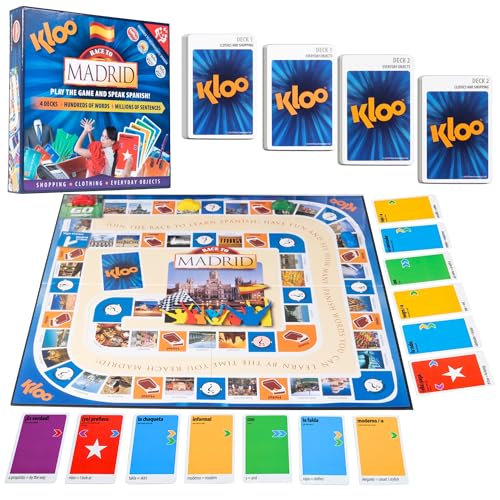 Spanish Board Game – Race to Madrid | Easy to Learn Words, Grammar, Verbs | Fun for Adults, Kids, Beginners, Classroom | 4 Decks Dynamic Flash Cards