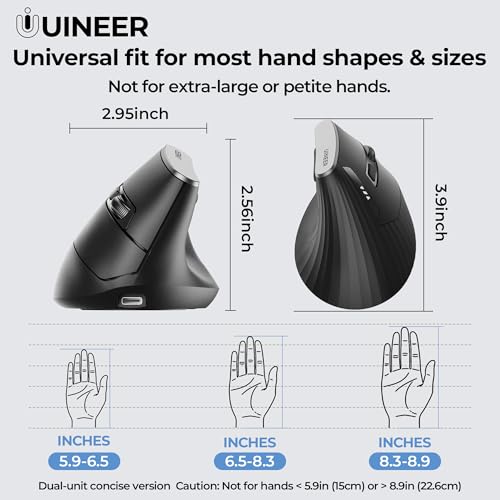 Uineer Ergonomic Vertical Mouse, 2.4G Wireless Mouse, Rechargeable, 4-DPI | Right-handed vertical design with 2.4G USB-A connection, rechargeable battery and visible battery level. - color: Black