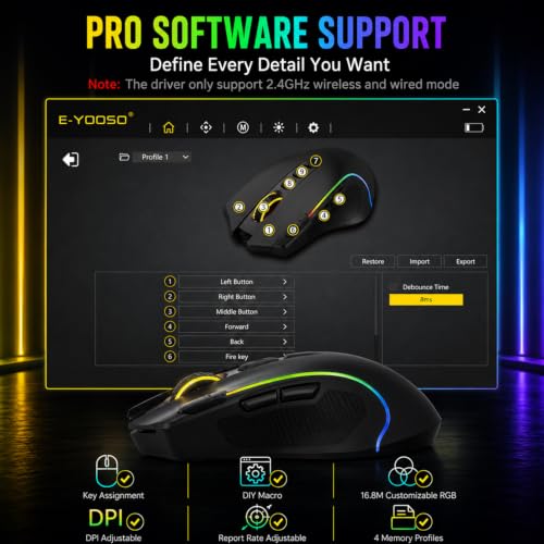 E-YOOSO Ergonomic Wireless Gaming Mouse, Tri-Mode, Rapid Fire Key, 8000 DPI | 9 programmable buttons, 6 RGB modes, 75-hour battery, contoured thumb rest, 1000Hz polling, for right-handed gaming and work
