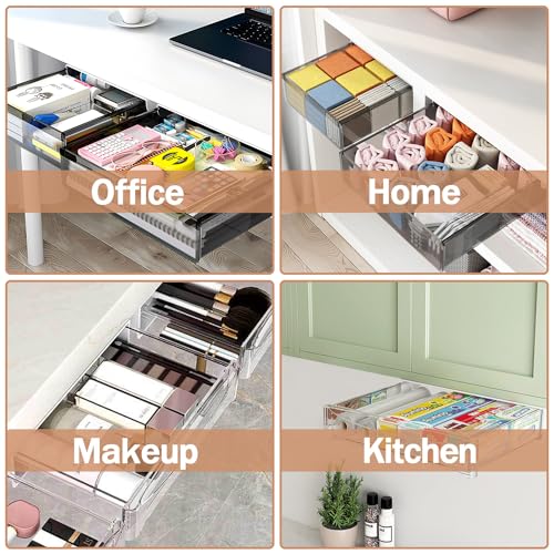 SVNNELP Under Desk Table Drawer Storage Organizer,2 Pack Large & Medium Slide Out Desk Drawers - Hidden Desktop Organizer,Attachable Pencil Storage Tray Under Table(ML)