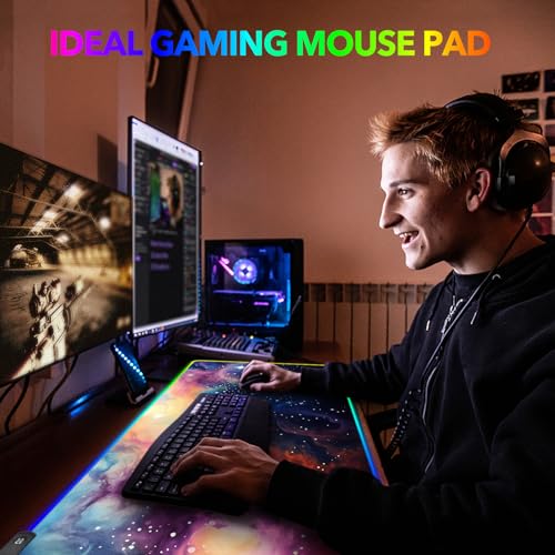 AIMSA RGB Mouse Pad LED Gaming Mouse Pad with 14 Lights Modes, Non-Slip Rubber Base Computer Carpet Desk Mat for PC Laptop (35.4 x 15.8 inch) Colorful Ink Starry Sky - color: Colorful Ink Starry Sky