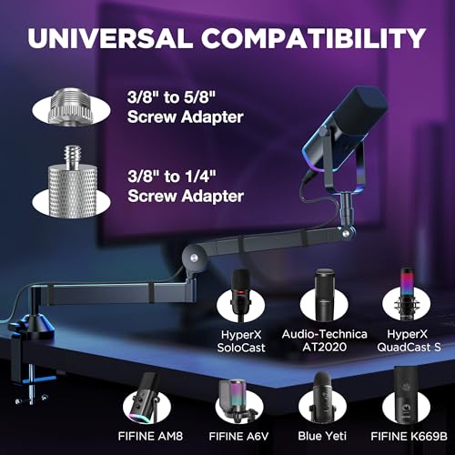 InnoGear Low Profile Mic Arm, 360° Rotatable Microphone Boom Arm Mic Stand for Fifine AM8 K669B Blue Yeti HyperX QuadCast SoloCast AT2020, with Mic Clip 3/8" to 5/8", 3/8" to 1/4" Adapter, Black - color: Black, style: Low-profile A