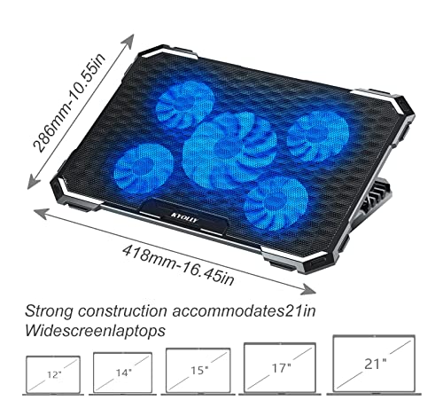KYOLLY Upgrade Laptop Cooling Pad,Gaming Laptop Cooler with 5 Quiet Fans,2 USB Ports,5 Adjustable Stand Height,Blue LED Lights,for 15.6 Inch Laptops