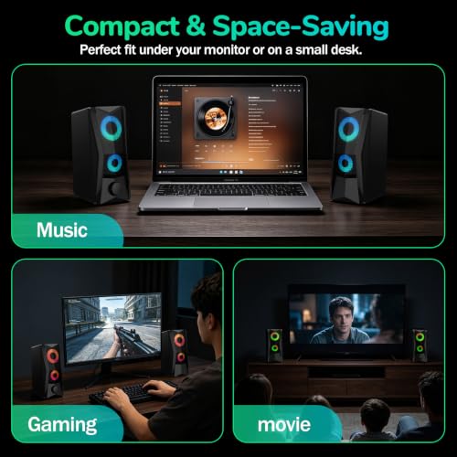 RGB Computer Speakers for PC Gaming, 6W Stereo Desktop Speakers with 16.7M Color Lighting, USB Powered 2.5" Driver Computer Speakers for Monitor, Laptop
