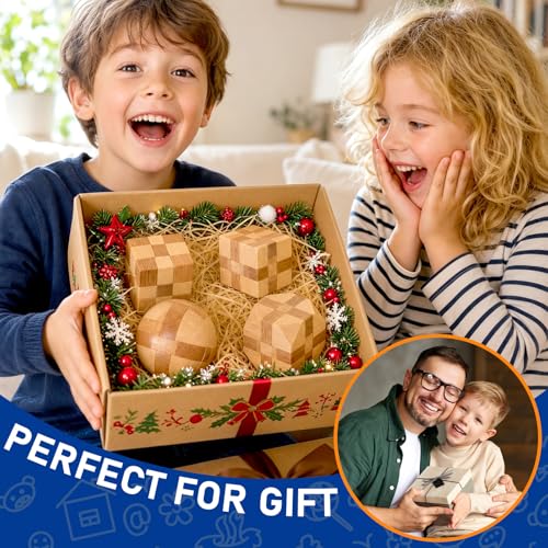 4 Pack Wooden Puzzle Games Brain Teasers Toy- 3D Puzzles for Teens and Adults - Wooden Logic Puzzle Wood Snake Cube Magic Cube Magic Ball Brain Teaser Intellectual Removing Assembling Toy