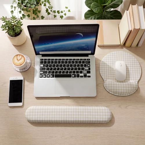 Tellegloww Wrist Rest Support for Mouse Pad&Keyboard Set, Khaki Gingham Checkered Circle Curved Ergonomic Mousepad&Coaster Non-Slip Base Design for Office Home Laptop Desktop Computer Keyboard - color: Khaki