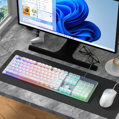 Camiysn Gaming Creamy Keyboard and Mouse, White 104 Keys RGB and 6 Speed RGB Mouse Combo, Pudding Keycaps Silent Computer Keyboard for Computer/PC/Laptop/Mac/Windows/Office - color: White
