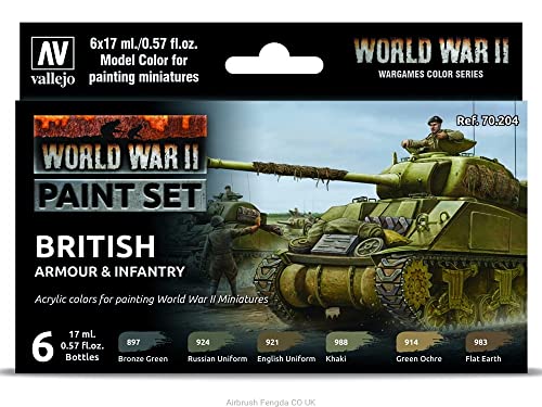 Vallejo - WWII British Armour & Infantry Model Color Paint Set | Historic Military Shades | Brush & Airbrush Compatible Acrylic Colors | Pro Modeler Collection | 6 bottles x 18 ml. (0.6 fl.oz) - style: WWII British Armour & Infantry